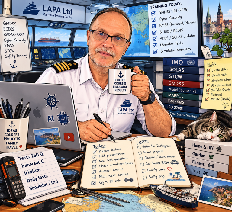 Illustration of Aleksejs Vlasovs in a maritime training centre, with GMDSS study materials and simulator equipment.