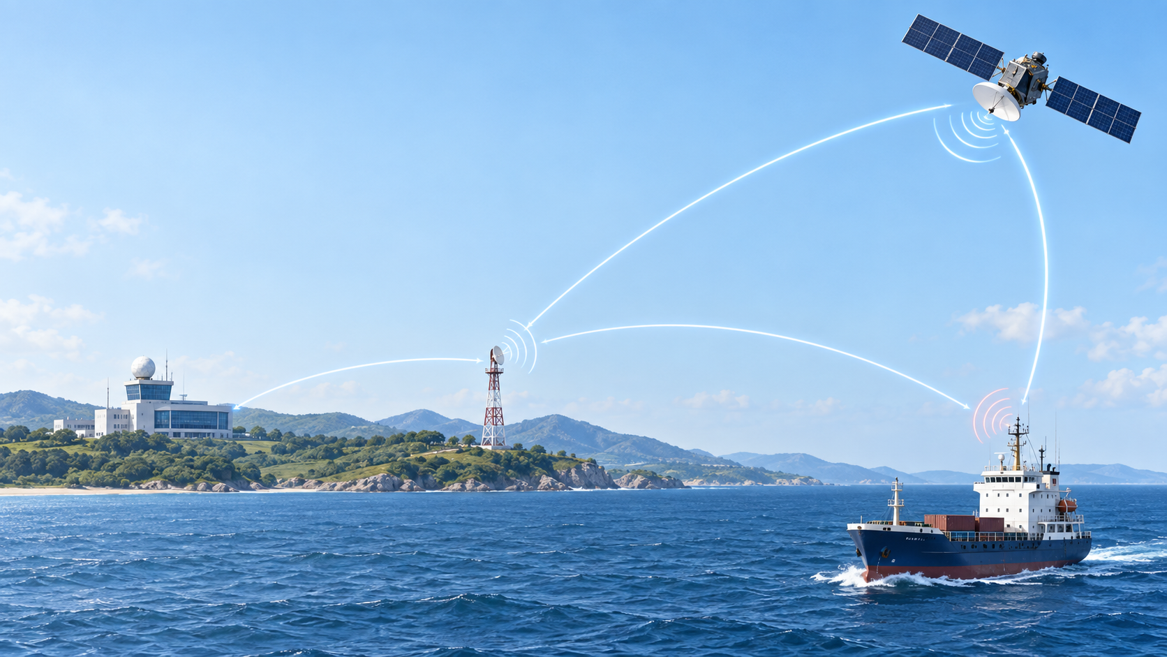 Ship, coast station and satellite communicating through the GMDSS